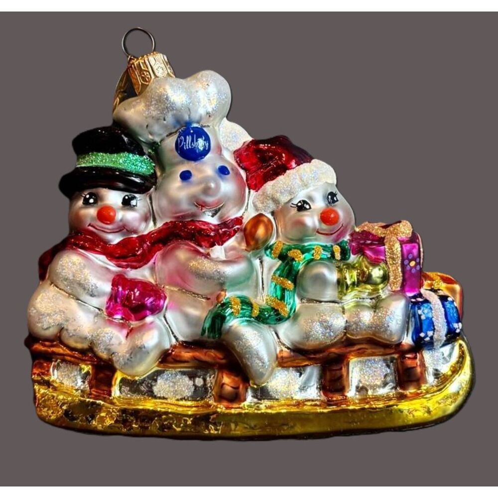 Christopher Radko Pillsbury Doughboy Sledding Christmas glass ornament 2000